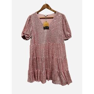 Maintrip Women’s Sequin Mini Dress Pink Short Sleeve Tiered Party festival NWT